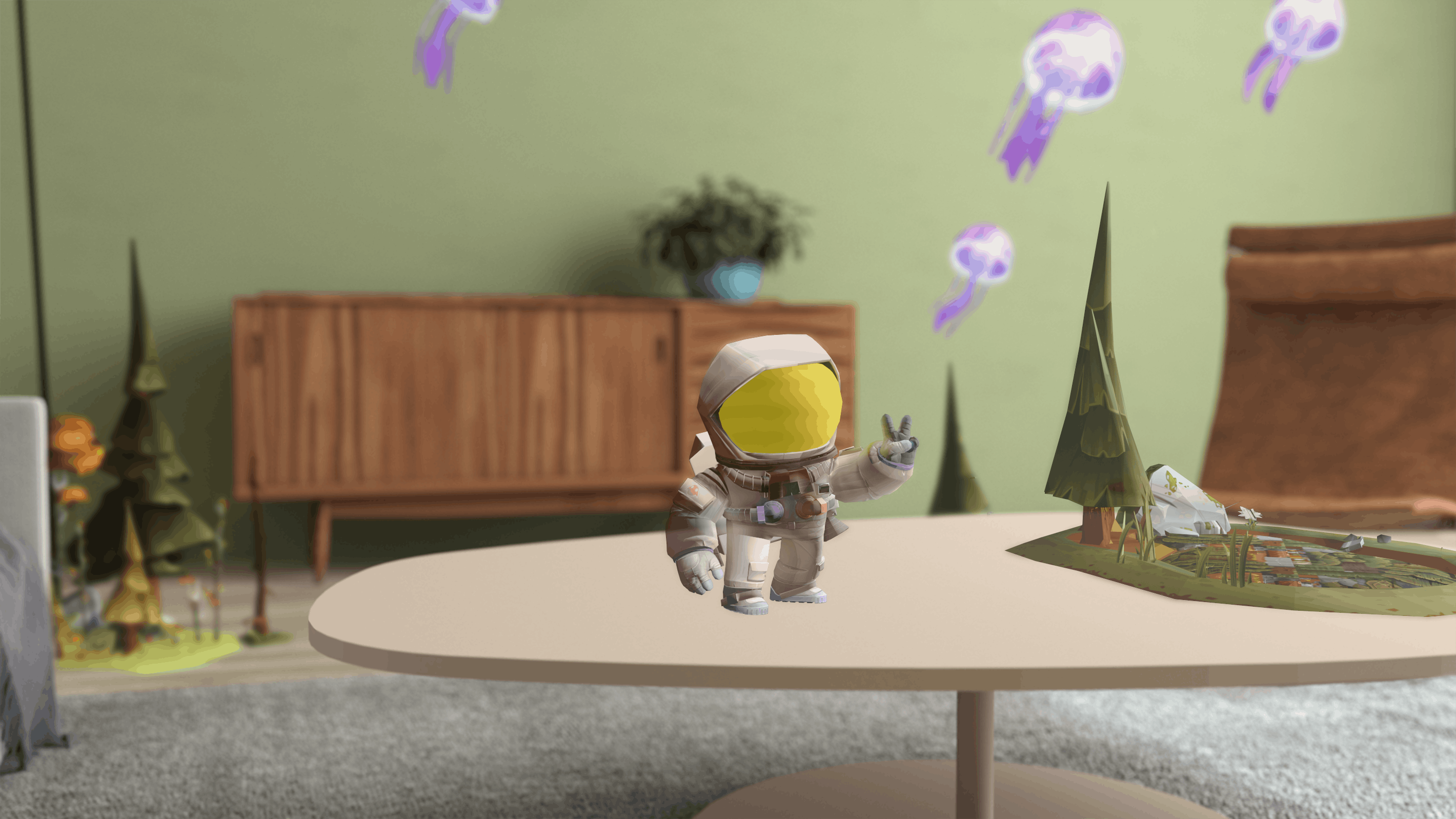An astronaut waving at you on a table, surrounded by fish and jellyfish.