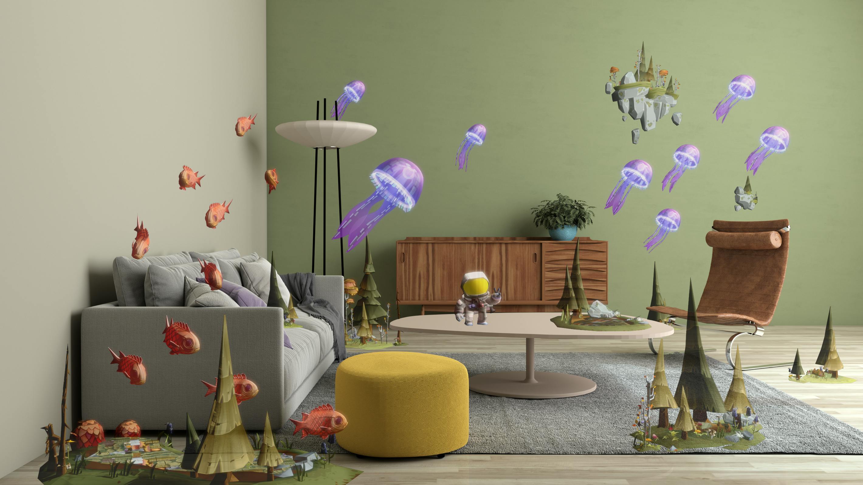 An astronaut waving at you on a table, surrounded by fish and jellyfish.